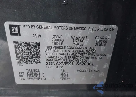 2020 Chevrolet Equinox Awd Lt 2.0L Turbo из США, поврежденный, VIN 3GNAXVEX1LS520361